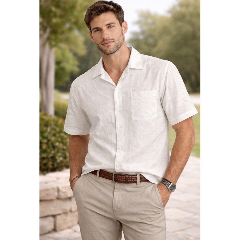 Trust Mens Short Sleeve Linen  Resort Classic Camp Collared Button Down L